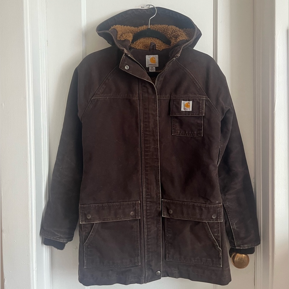 Women’s Carhartt Brown Hooded Utility Jacket with Tan Sherpa Lining